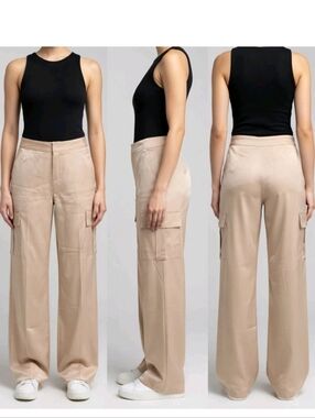 NWT Blue Sol Y2k Khaki Satin Wide Leg Cargo Pants Tan Relaxed Dress Chino 10
